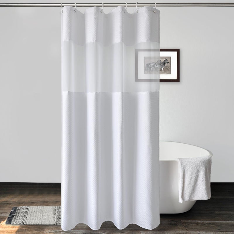 UFRIDAY White Waffle Weave Fabric Shower Curtain with Mesh Window Stall Size 36x72 Inch, Heavy Duty Decorative Bathroom Curtain with White Pique Pattern, Spa-Like Hotel Luxury, Water-Repellent - Image 1